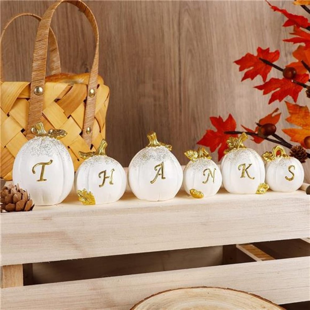 Set of 6 Thanksgiving Pumpkins, Resin Pumpkin, Thanks Tabletop Centerpieces